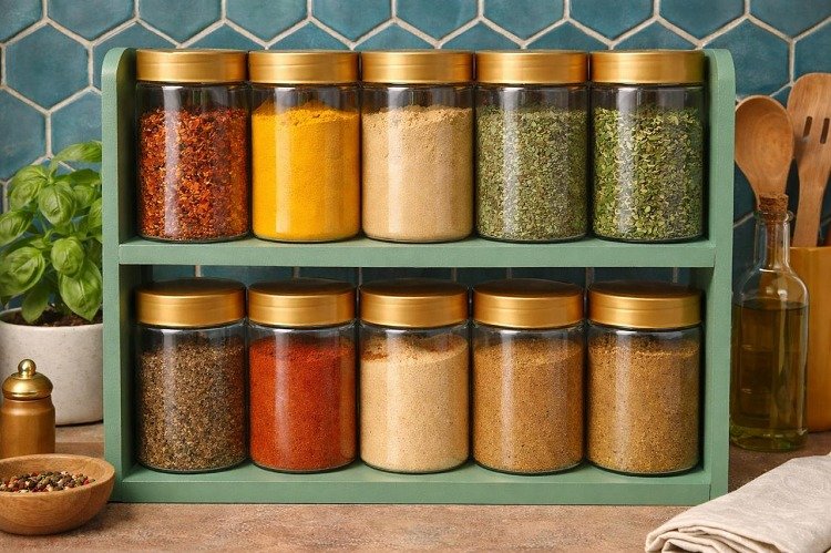 2 Layer Wooden Rack With 10 Spice Bottle