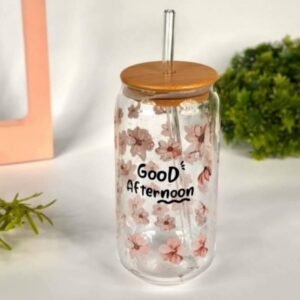 Floral Glass Mug With Wood Lid - 550ml