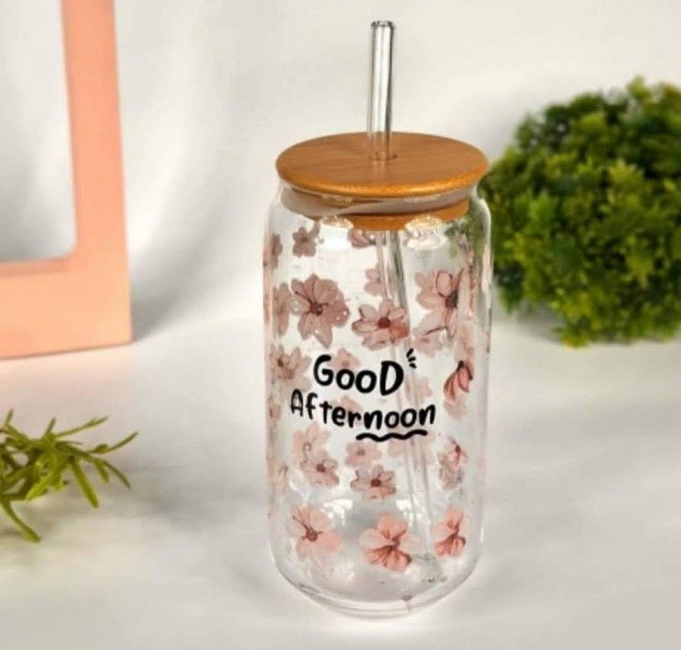 Floral Glass Mug With Wood Lid - 550ml